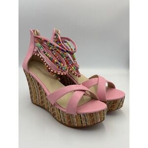 Pink Beaded Platform Wedge Sandals Dopamine Boho Festival Heels 40